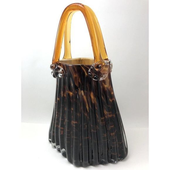 Block Crystal Purse Vase Art‎ Glass Julia Handbag Mouth Blown Leopard Tortoise - Picture 2 of 12